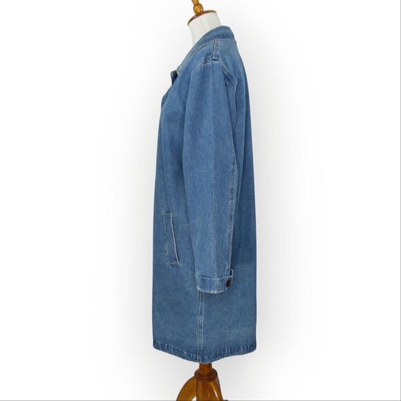 Denim & Co Long Blue Denim Jacket Chore Barn Duster Size Medium Button Front - Picture 10 of 14